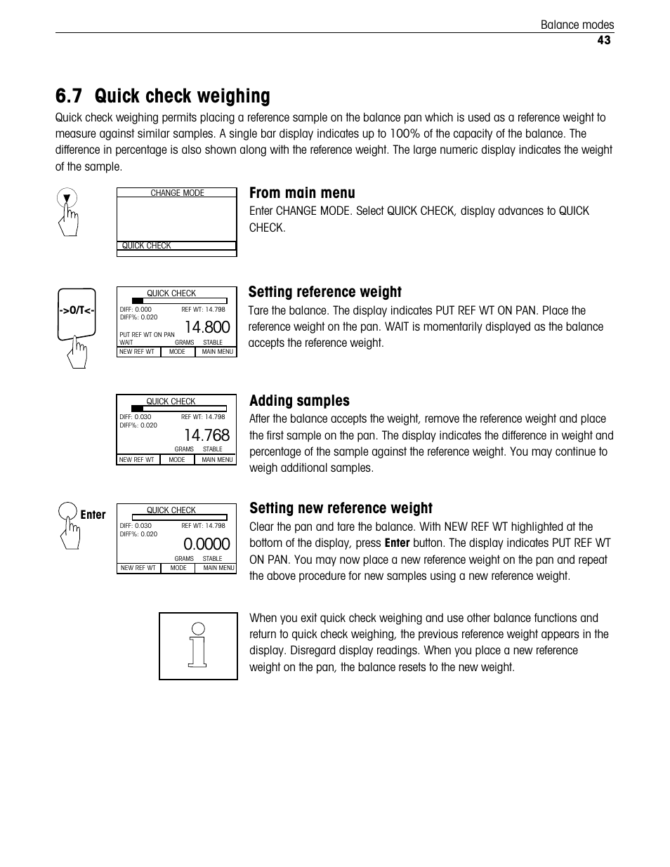 Quick check weighing, 7 quick check weighing, Setting reference weight | Adding samples, Setting new reference weight | Ohaus Voyager Balances User Manual | Page 196 / 329