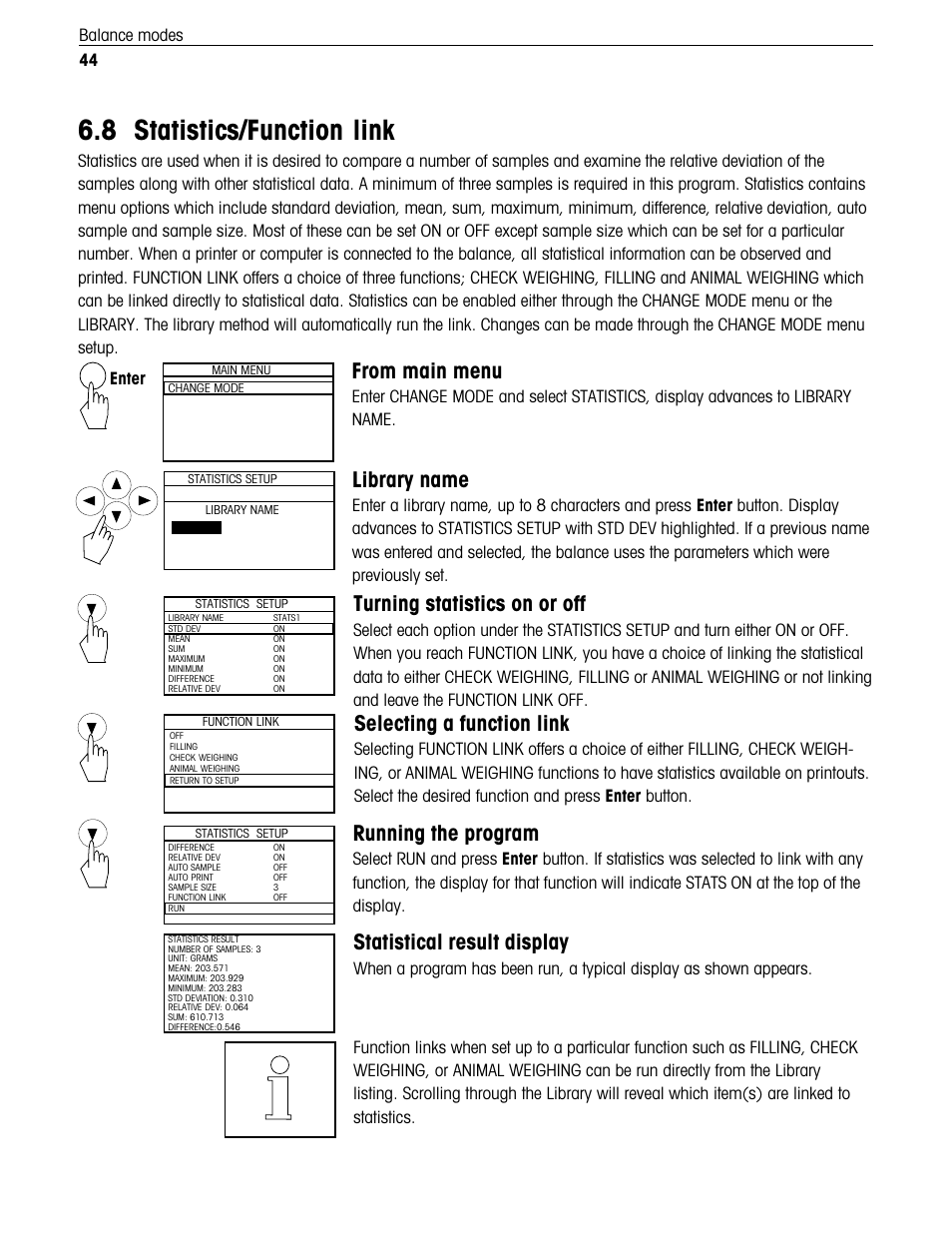 Statistics/function link, 8 statistics/function link, Library name | Turning statistics on or off, Selecting a function link, Running the program, Statistical result display, 44 balance modes, Enter | Ohaus Voyager Balances User Manual | Page 197 / 329