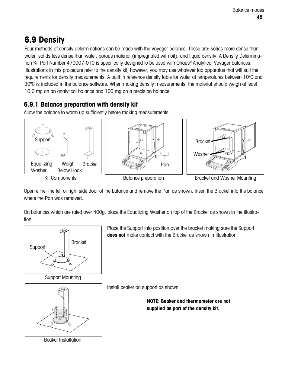 Density 6.9.1 balance preparation with density kit, 9 density, 1 balance preparation with density kit | Ohaus Voyager Balances User Manual | Page 198 / 329