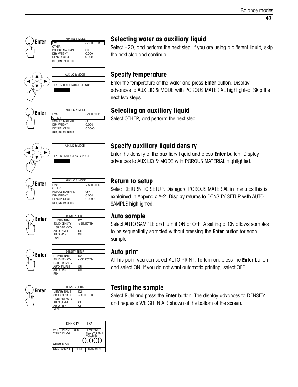 Selecting water as auxiliary liquid, Specify temperature, Selecting an auxiliary liquid | Specify auxiliary liquid density, Return to setup, Auto sample, Auto print, Testing the sample, 47 balance modes, Enter | Ohaus Voyager Balances User Manual | Page 200 / 329