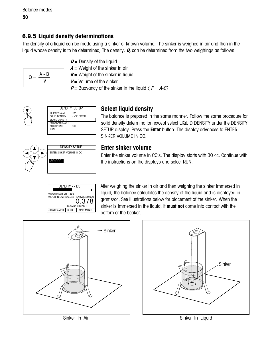 5 liquid density determination, 5 liquid density determinations, Select liquid density | Enter sinker volume | Ohaus Voyager Balances User Manual | Page 203 / 329