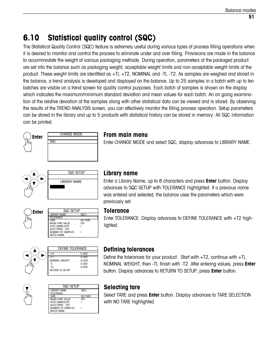 10 statistical quality control (sqc), Library name, Tolerance | Defining tolerances, Selecting tare, 51 balance modes, Enter | Ohaus Voyager Balances User Manual | Page 204 / 329