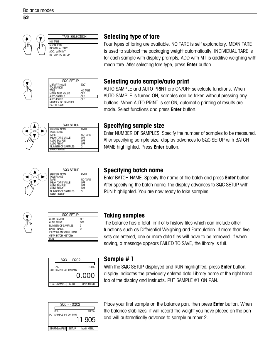 Specifying batch name, Selecting auto sample/auto print, Specifying sample size | Selecting type of tare, Taking samples, Sample # 1, 52 balance modes | Ohaus Voyager Balances User Manual | Page 205 / 329