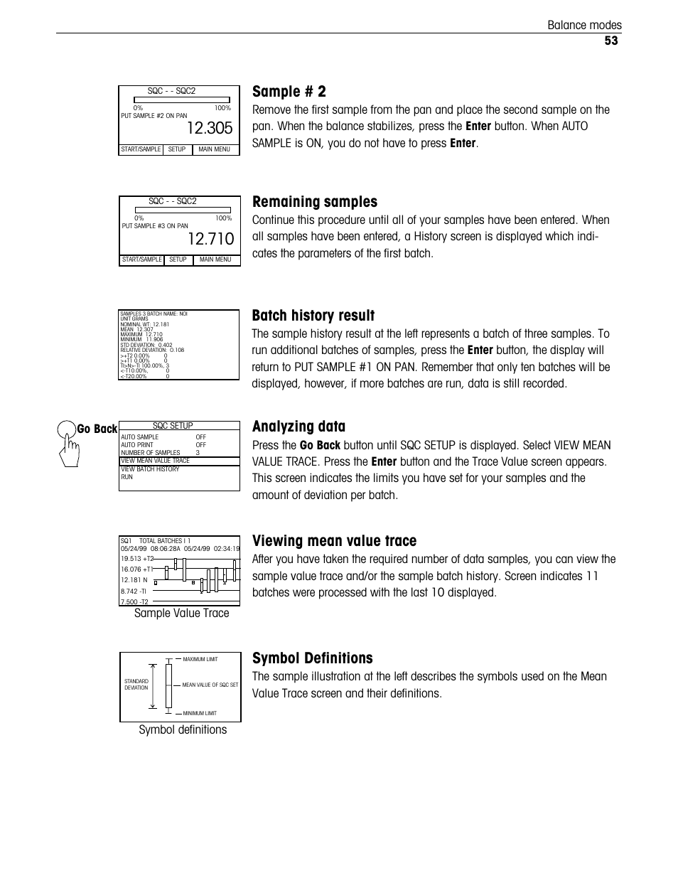 Batch history result, Sample # 2, Remaining samples | Analyzing data, Viewing mean value trace, Symbol definitions, 53 balance modes, Sample value trace, Go back | Ohaus Voyager Balances User Manual | Page 206 / 329