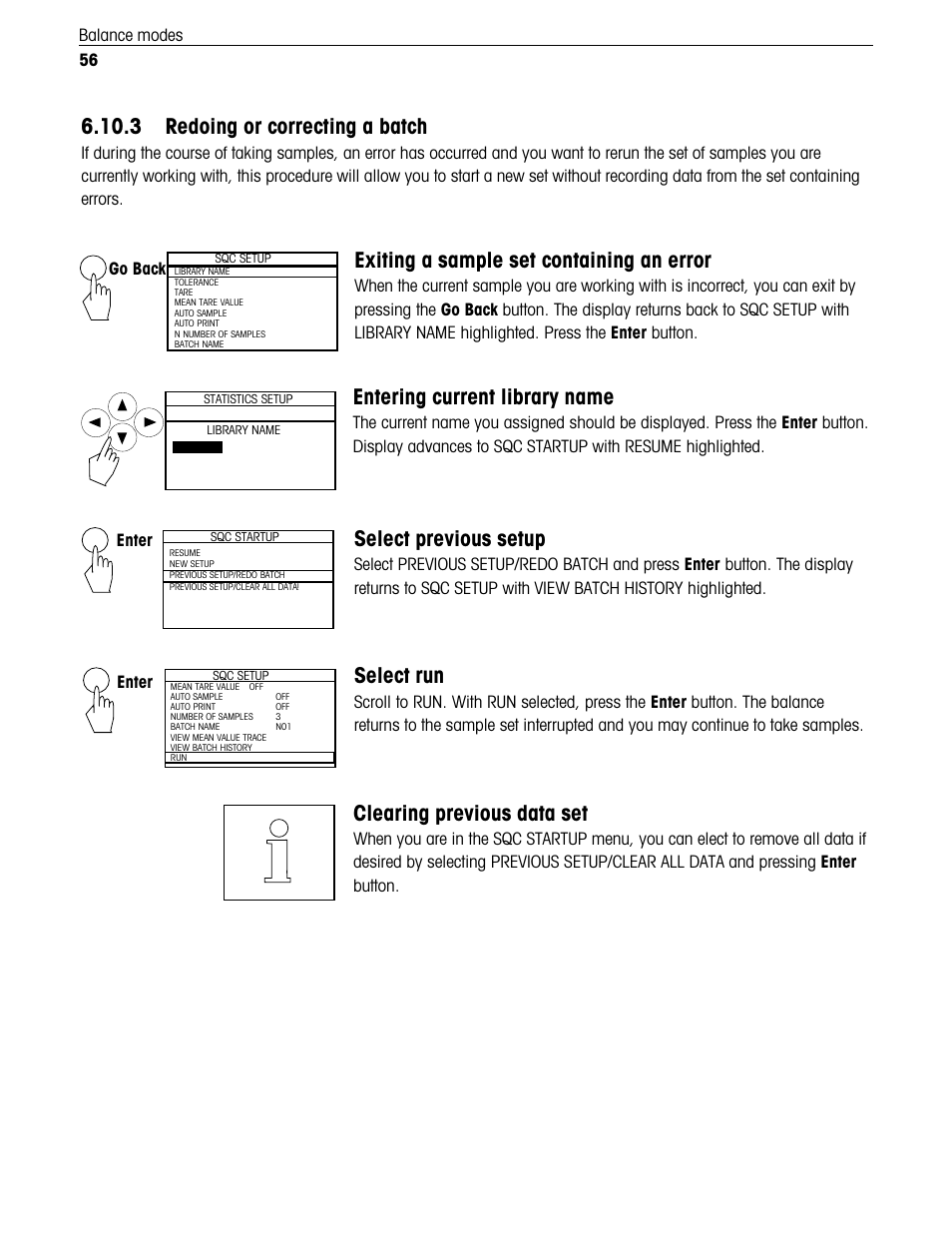 3 redoing or correcting a batch, Entering current library name, Exiting a sample set containing an error | Select previous setup, Select run, Clearing previous data set, 56 balance modes, Go back, Enter | Ohaus Voyager Balances User Manual | Page 209 / 329