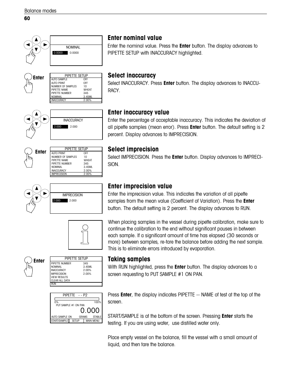 Enter nominal value, Select inaccuracy, Select imprecision | Enter imprecision value, Enter inaccuracy value, Taking samples, 60 balance modes, Enter | Ohaus Voyager Balances User Manual | Page 213 / 329