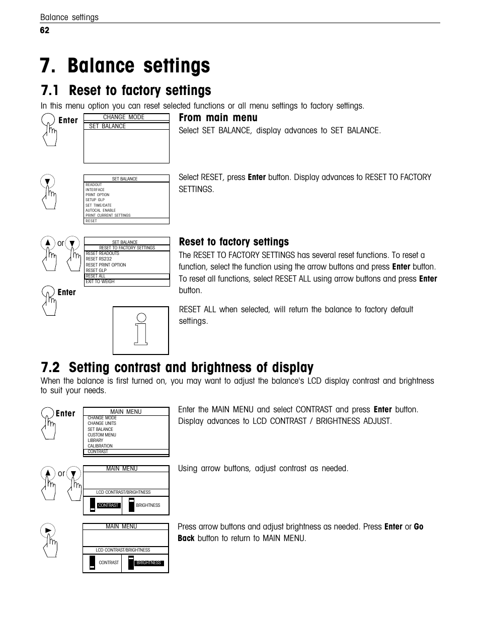 Balance settings, Reset to factory settings, Setting contrast and brightness of the display | 1 reset to factory settings, 2setting contrast and brightness of display | Ohaus Voyager Balances User Manual | Page 215 / 329