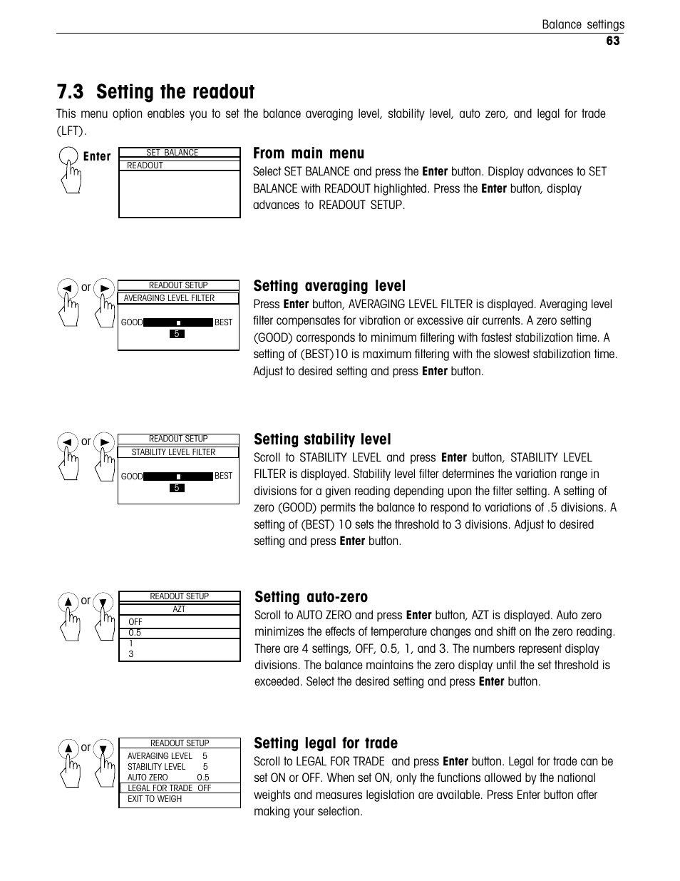 Setting the readout, 3 setting the readout, Setting averaging level | Setting stability level, Setting auto-zero, Setting legal for trade | Ohaus Voyager Balances User Manual | Page 216 / 329