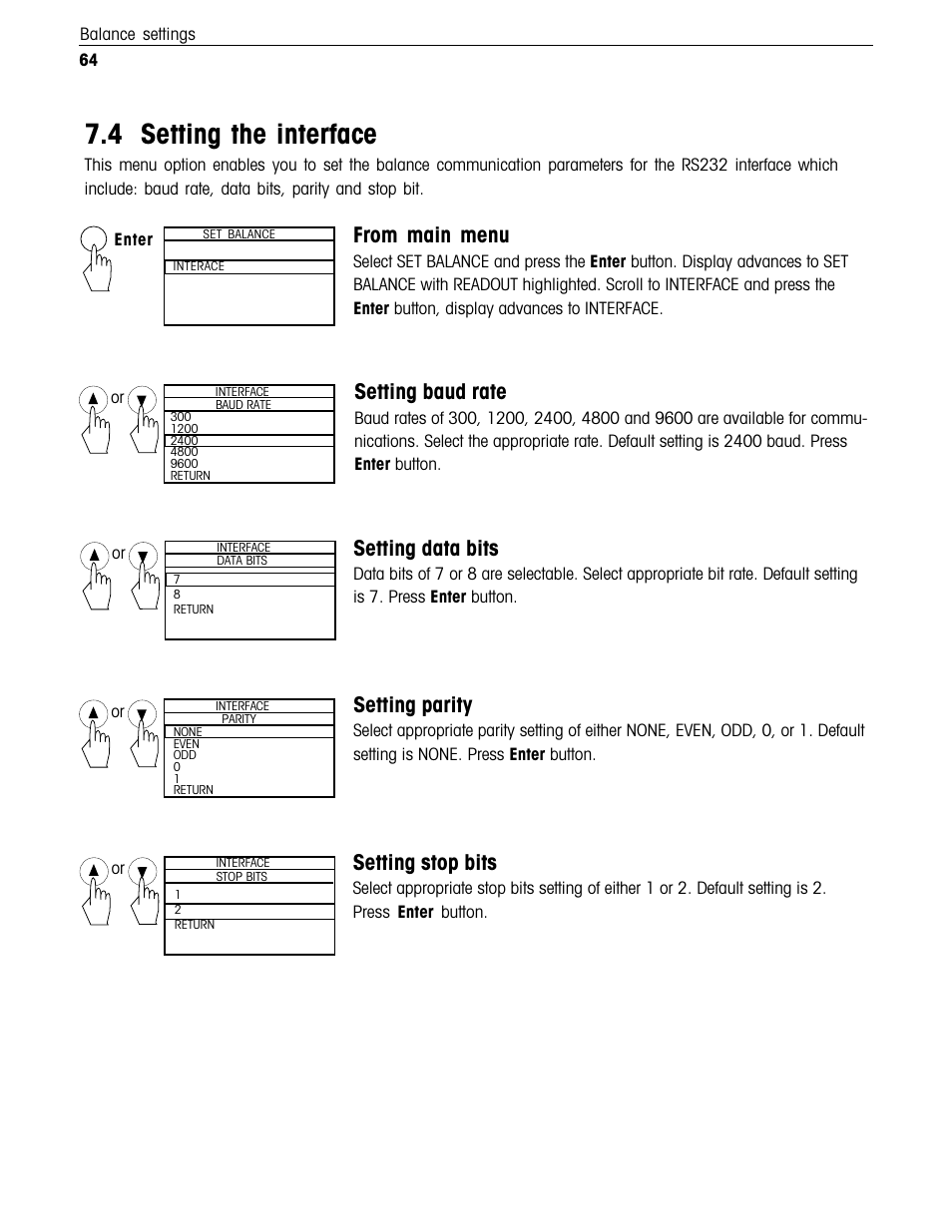 Rs232 parameters, Setting the interface, 4 setting the interface | Setting baud rate, Setting data bits, Setting parity, Setting stop bits | Ohaus Voyager Balances User Manual | Page 217 / 329