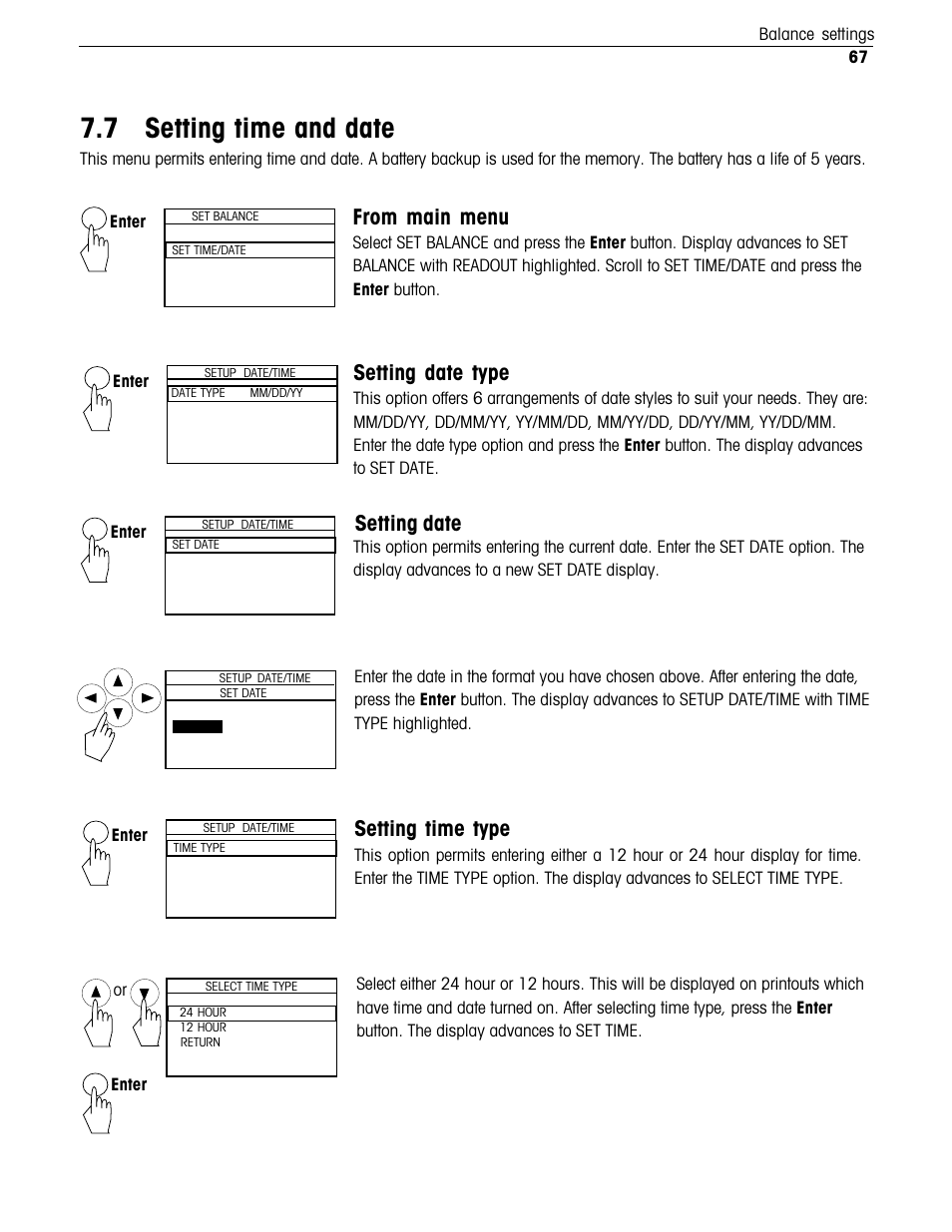 Setting time and date, 7 setting time and date, Setting date type | Setting date, Setting time type | Ohaus Voyager Balances User Manual | Page 220 / 329