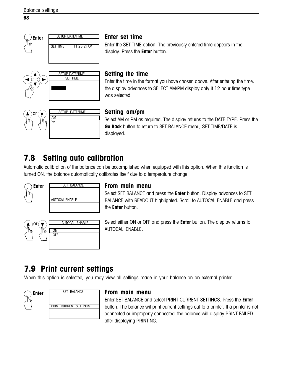 Setting auto calibration, Print current settings, 8 setting auto calibration | 9 print current settings, Setting am/pm, Setting the time, Enter set time | Ohaus Voyager Balances User Manual | Page 221 / 329