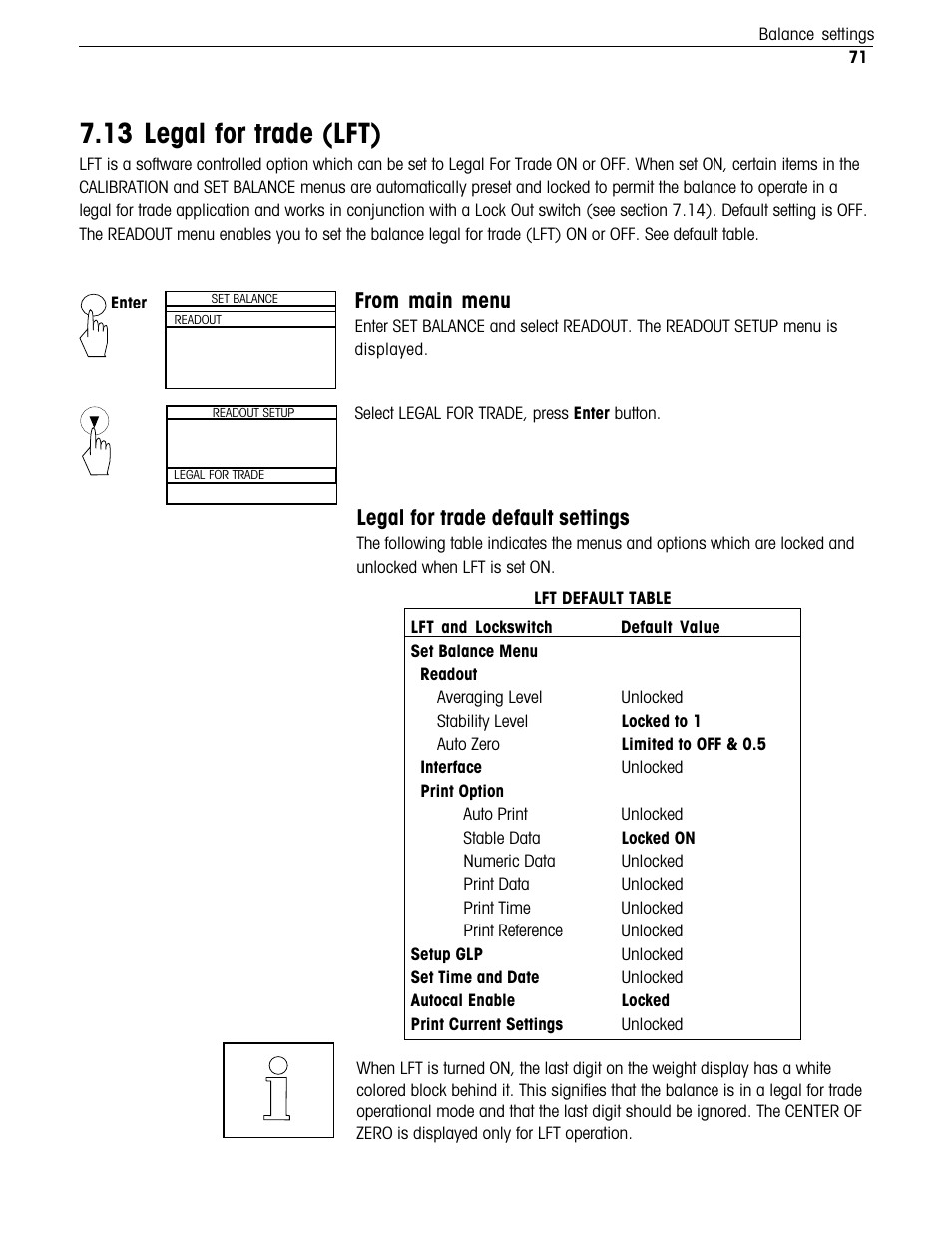 13 legal for trade, 13 legal for trade (lft), Legal for trade default settings | Ohaus Voyager Balances User Manual | Page 224 / 329