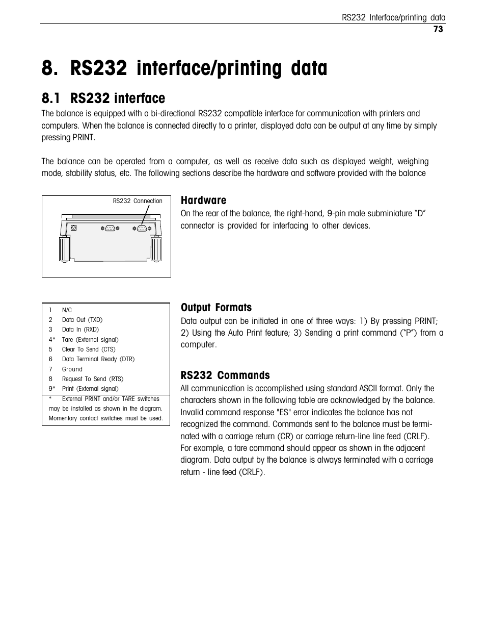 Rs232 interface, Rs232 interface/printing data, 1 rs232 interface | Hardware, Rs232 commands, Output formats | Ohaus Voyager Balances User Manual | Page 226 / 329