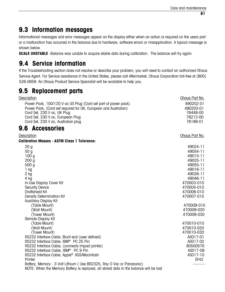 Information messages, Service information, Replacement parts | Accessories, 4 service information, 3 information messages, 6 accessories, 5 replacement parts | Ohaus Voyager Balances User Manual | Page 234 / 329