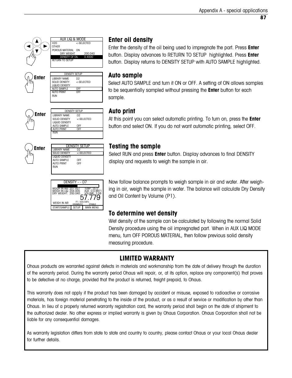 Enter oil density, Testing the sample, Auto sample | Auto print, Limited warranty, 87 appendix a - special applications, Enter | Ohaus Voyager Balances User Manual | Page 240 / 329