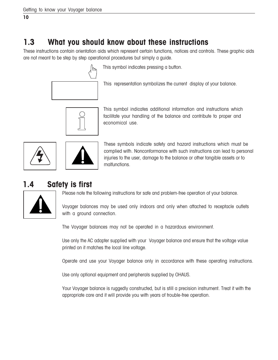 What you should know about these instructions, Safety is first, 3 what you should know about these instructions | 4 safety is first | Ohaus Voyager Balances User Manual | Page 251 / 329