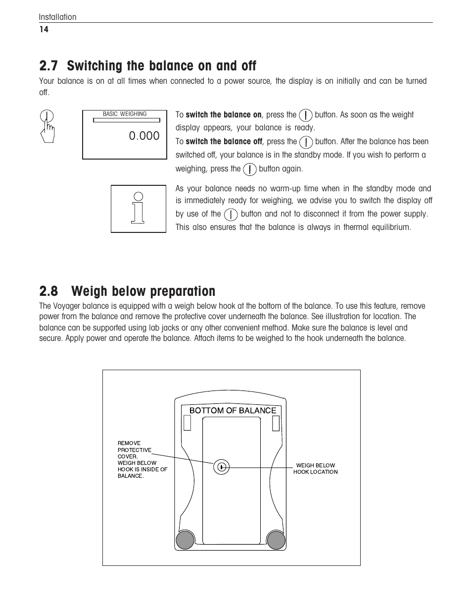 Switching the balance on or off, Weigh below preparation, 7 switching the balance on and off | 8 weigh below preparation | Ohaus Voyager Balances User Manual | Page 255 / 329