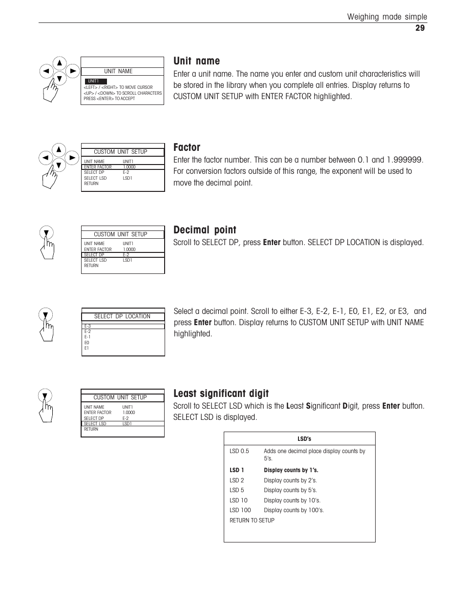 Unit name, Factor, Decimal point | Least significant digit, 29 weighing made simple | Ohaus Voyager Balances User Manual | Page 270 / 329