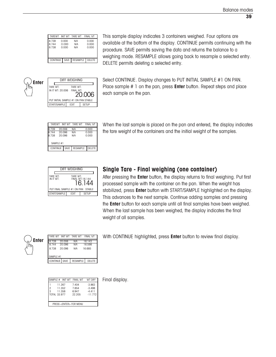 Single tare - final weighing (one container), Final display | Ohaus Voyager Balances User Manual | Page 280 / 329