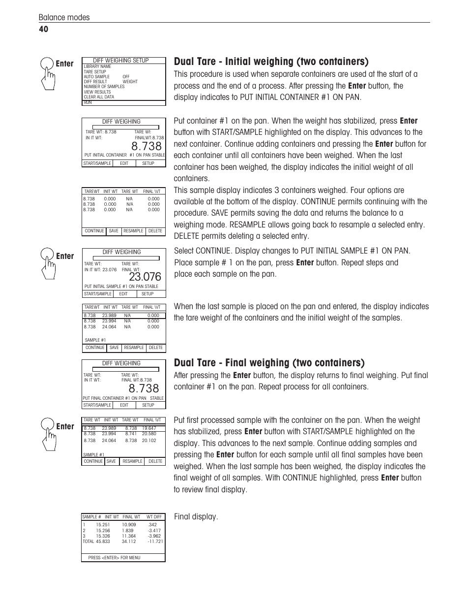 Dual tare - initial weighing (two containers), Dual tare - final weighing (two containers), 40 balance modes | Enter | Ohaus Voyager Balances User Manual | Page 281 / 329