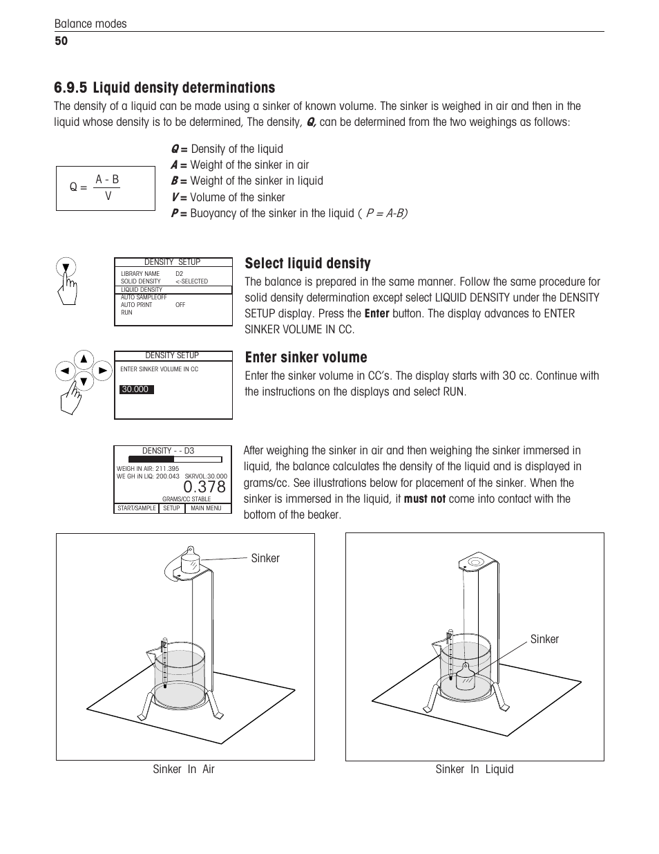 5 liquid density determination, 5 liquid density determinations, Select liquid density | Enter sinker volume | Ohaus Voyager Balances User Manual | Page 291 / 329