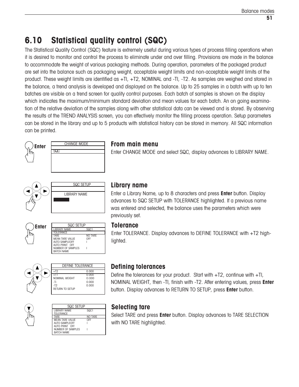 10 statistical quality control (sqc), Library name, Tolerance | Defining tolerances, Selecting tare, 51 balance modes, Enter | Ohaus Voyager Balances User Manual | Page 292 / 329