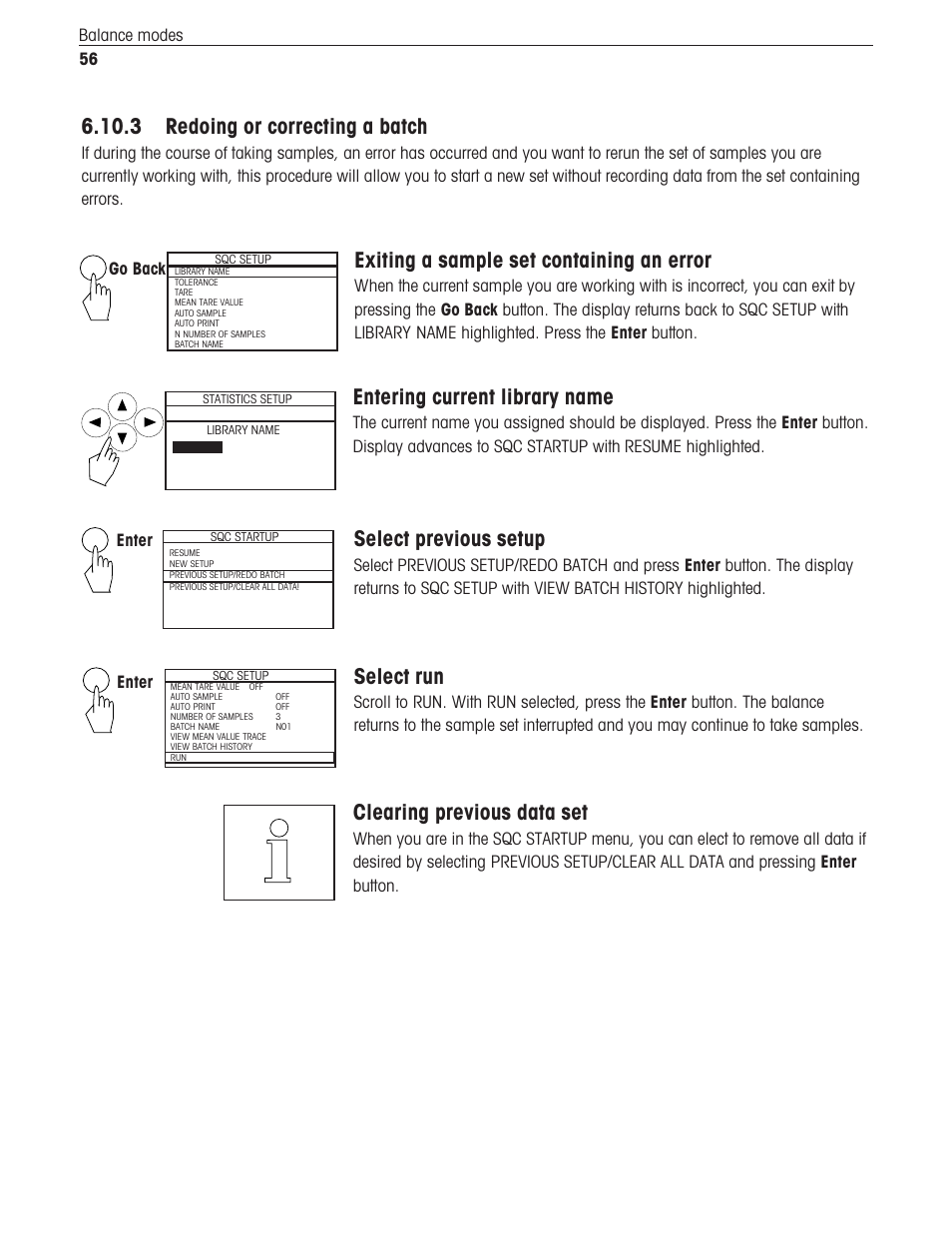 3 redoing or correcting a batch, Entering current library name, Exiting a sample set containing an error | Select previous setup, Select run, Clearing previous data set, 56 balance modes, Go back, Enter | Ohaus Voyager Balances User Manual | Page 297 / 329