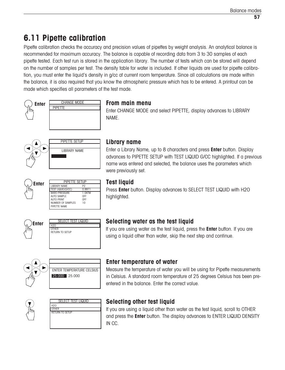 11 pipette calibration, Library name, Test liquid | Selecting water as the test liquid, Enter temperature of water, Selecting other test liquid, 57 balance modes, Enter | Ohaus Voyager Balances User Manual | Page 298 / 329