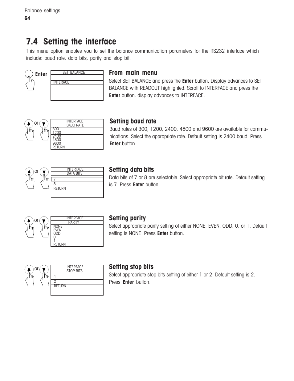 Setting the interface, 4 setting the interface, Setting baud rate | Setting data bits, Setting parity, Setting stop bits | Ohaus Voyager Balances User Manual | Page 305 / 329