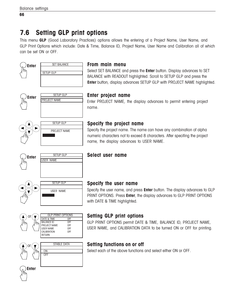 Setting glp print options, 6 setting glp print options, Enter project name | Specify the project name, Select user name, Setting functions on or off, Specify the user name | Ohaus Voyager Balances User Manual | Page 307 / 329