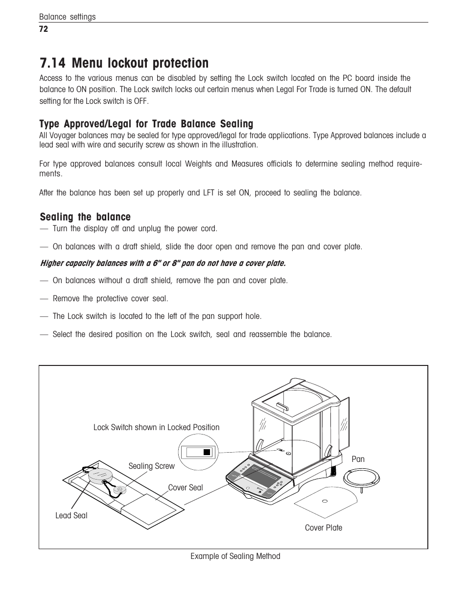 14 menu lock-out protection, 14 menu lockout protection, Type approved/legal for trade balance sealing | Sealing the balance, 72 balance settings | Ohaus Voyager Balances User Manual | Page 313 / 329