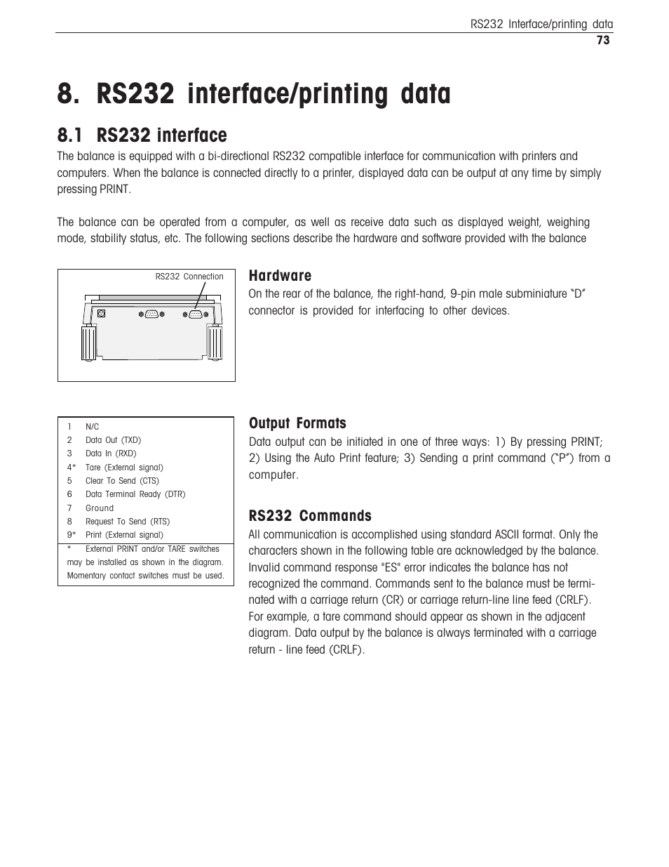 Rs232 interface, Rs232 interface/printing data, 1 rs232 interface | Hardware, Rs232 commands, Output formats | Ohaus Voyager Balances User Manual | Page 314 / 329