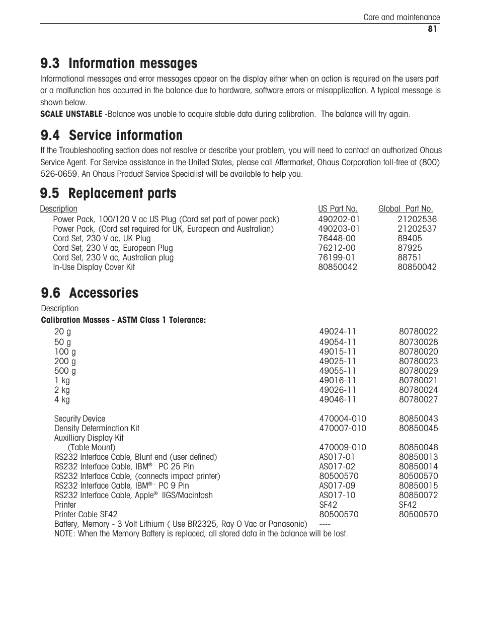 Information messages, Service information, Replacement parts | Accessories, 4 service information, 3 information messages, 6 accessories, 5 replacement parts | Ohaus Voyager Balances User Manual | Page 322 / 329