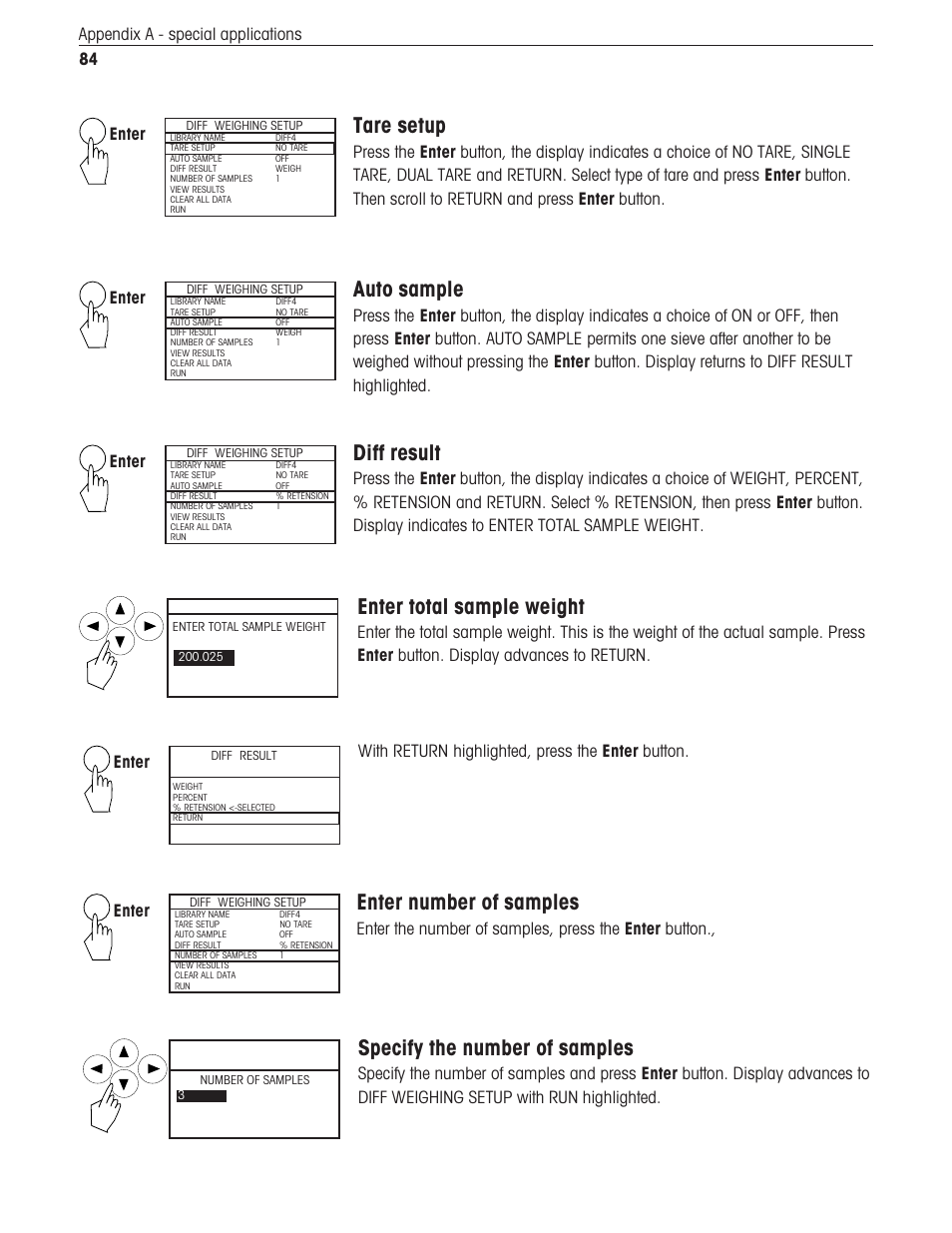 Enter total sample weight, Enter number of samples, Specify the number of samples | Tare setup, Auto sample, Diff result, 84 appendix a - special applications, Enter | Ohaus Voyager Balances User Manual | Page 325 / 329