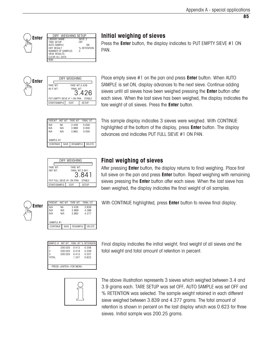 Final weighing of sieves, Initial weighing of sieves, Enter | Ohaus Voyager Balances User Manual | Page 326 / 329