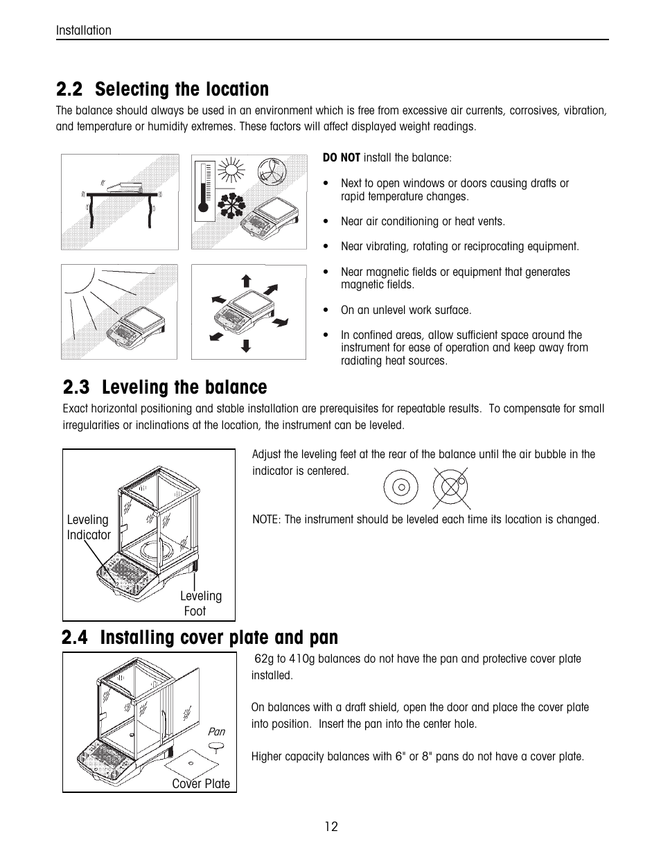 Selecting the location, Leveling the balance, Installing cover plate and pan | 2 selecting the location, 3 leveling the balance, 4 installing cover plate and pan | Ohaus Voyager Balances User Manual | Page 76 / 329