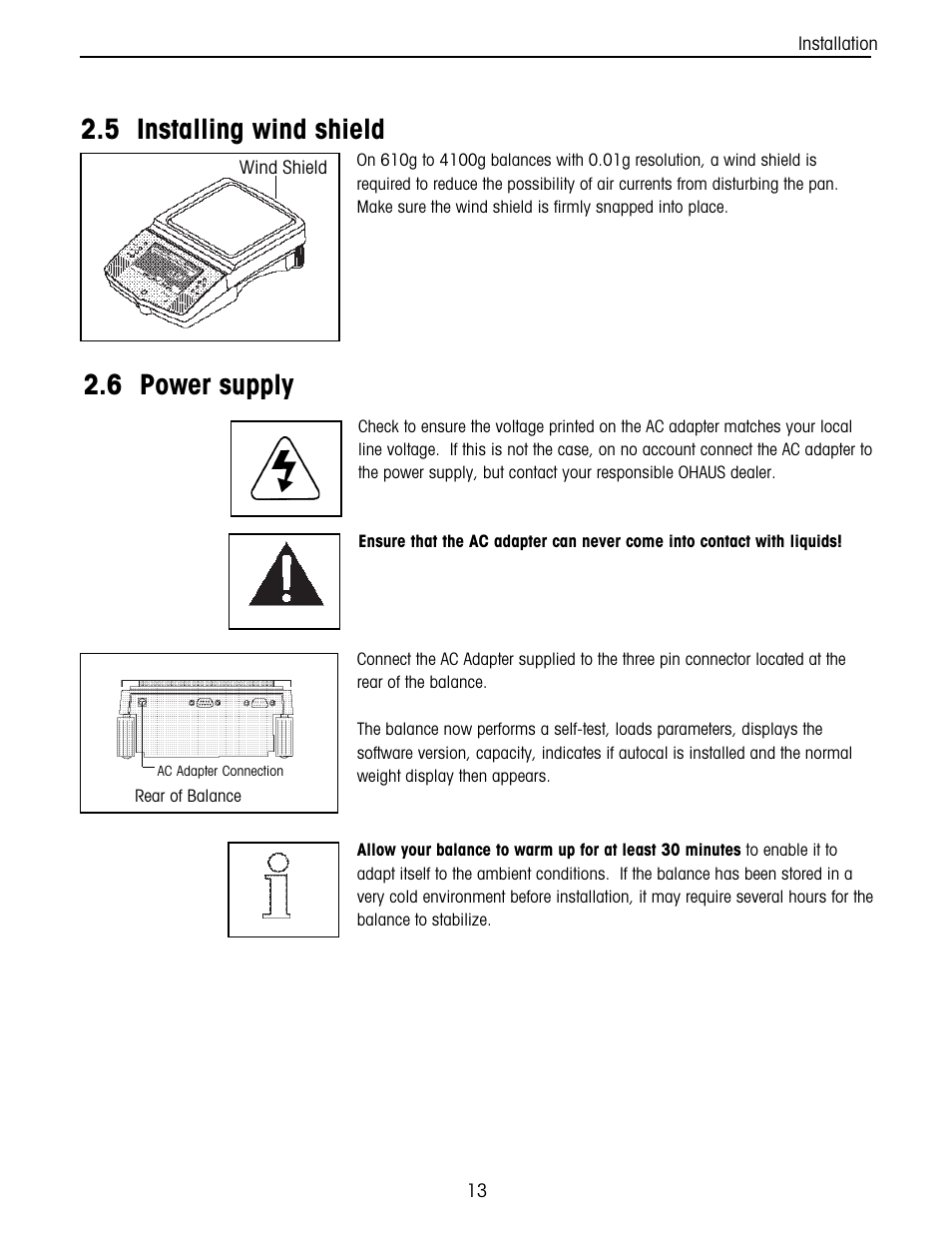 Installing wind shield, Power supply, 5 installing wind shield 2.6 power supply | Ohaus Voyager Balances User Manual | Page 77 / 329