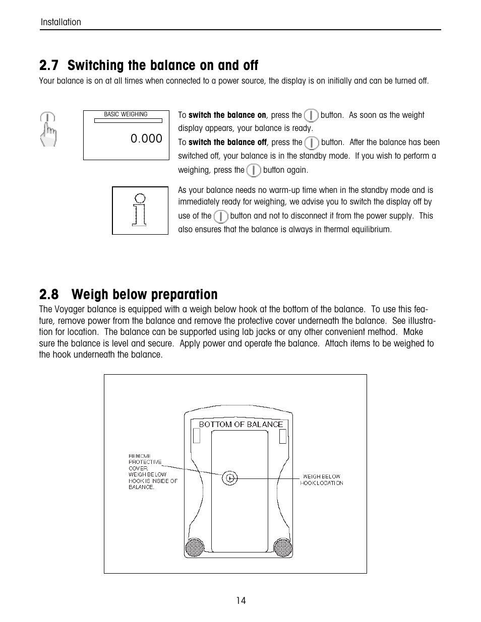 Switching the balance on or off, Weigh below preparation, 7 switching the balance on and off | 8 weigh below preparation | Ohaus Voyager Balances User Manual | Page 78 / 329