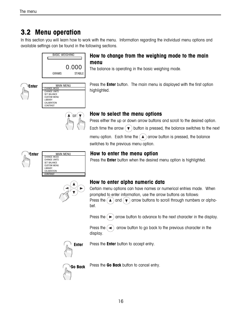 Menu operation, 2 menu operation, How to select the menu options | How to enter the menu option, How to enter alpha numeric data | Ohaus Voyager Balances User Manual | Page 80 / 329