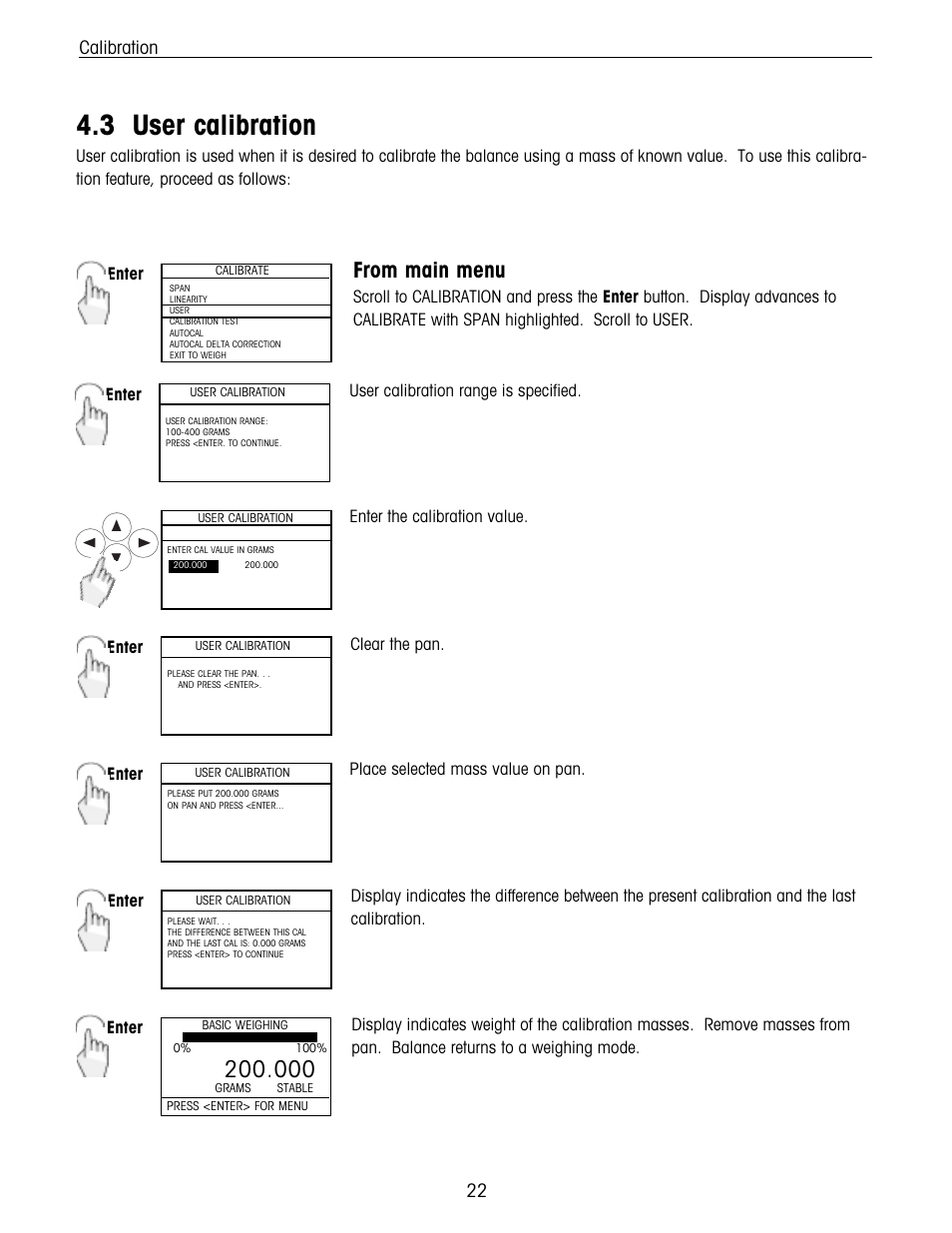 User calibration, 3 user calibration, Calibration | User calibration range is specified. enter, Enter place selected mass value on pan, Enter, Enter the calibration value, Clear the pan. enter | Ohaus Voyager Balances User Manual | Page 86 / 329