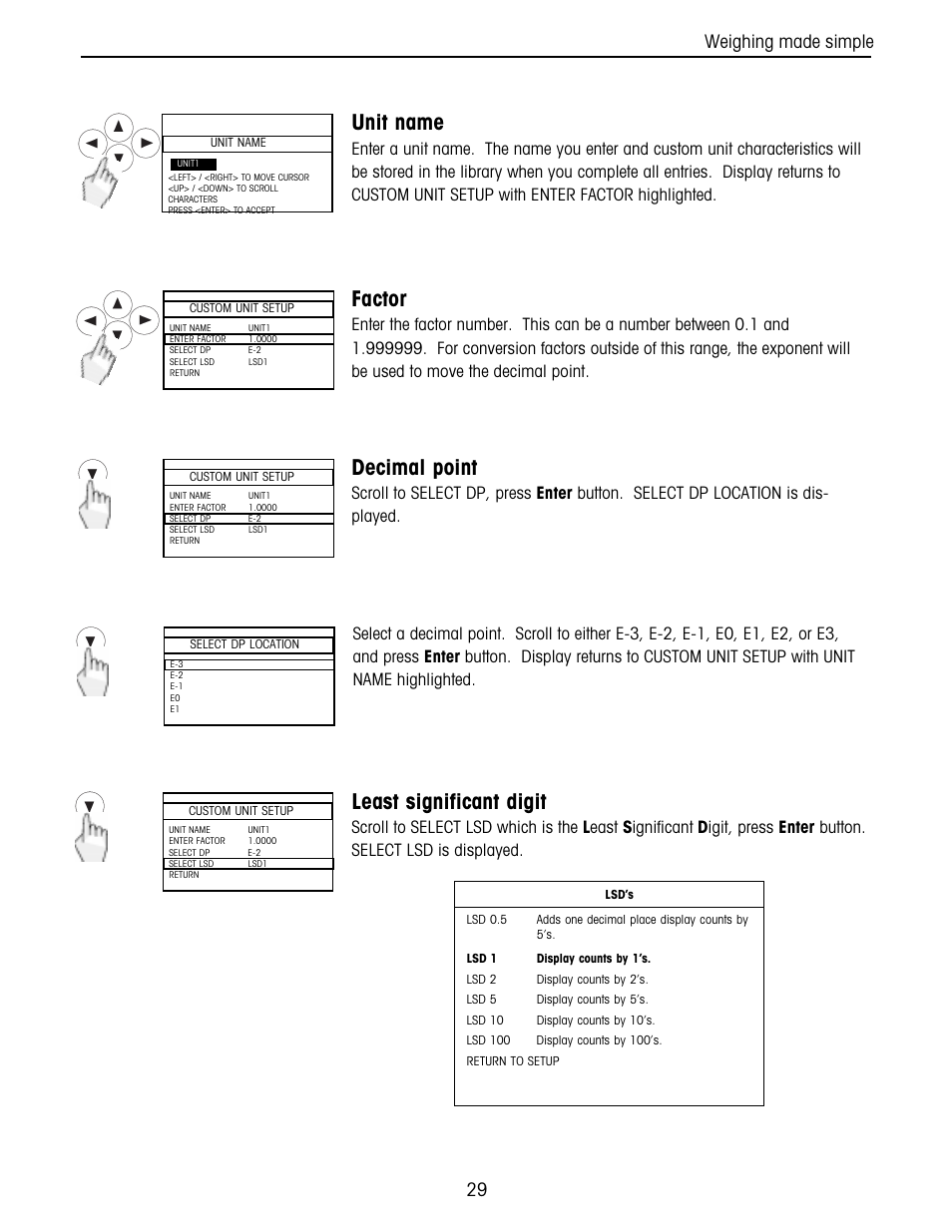 Unit name, Factor, Decimal point | Least significant digit, Weighing made simple | Ohaus Voyager Balances User Manual | Page 93 / 329