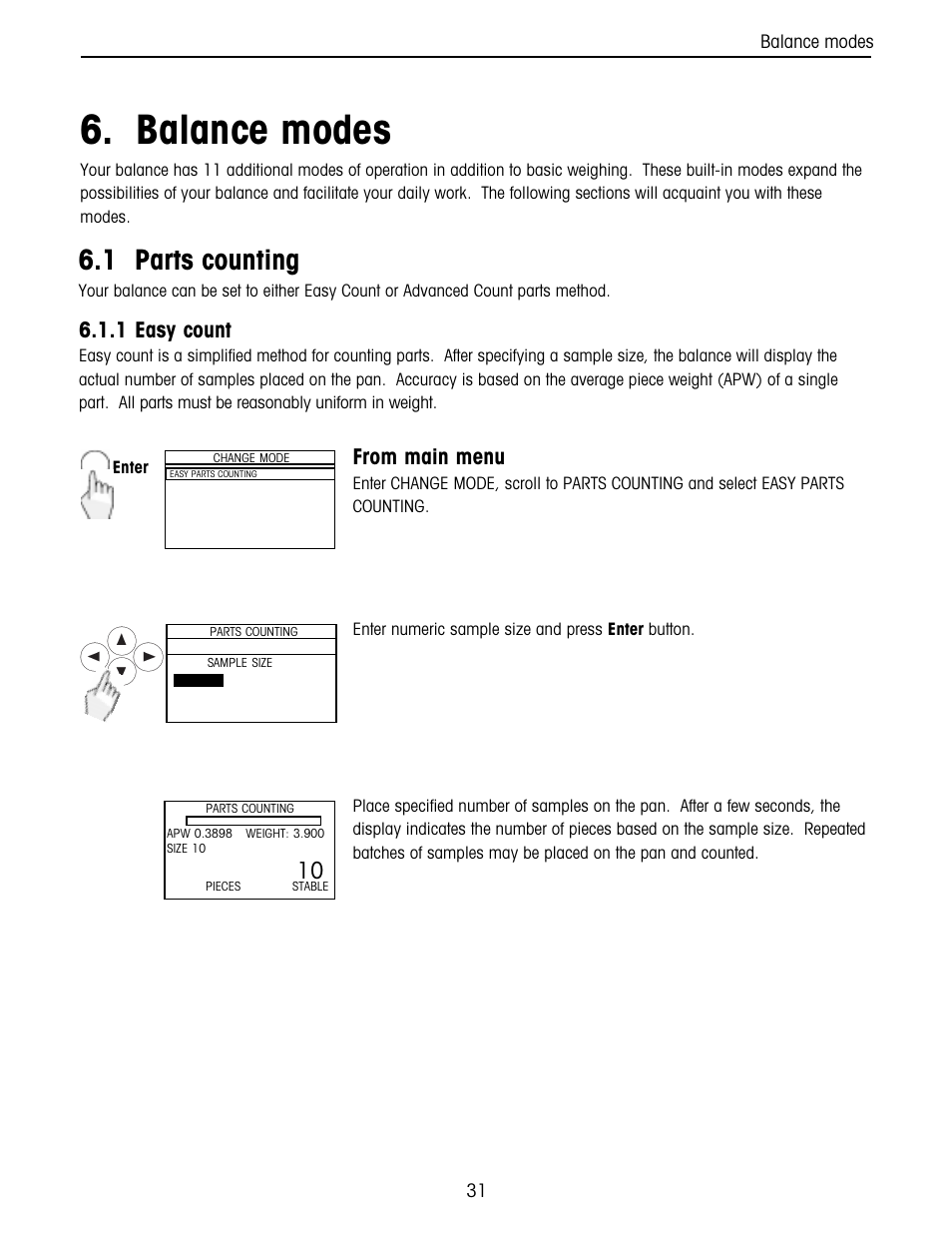 Balance modes, Parts counting 6.1.1 easy count, 1 parts counting | 1 easy count | Ohaus Voyager Balances User Manual | Page 95 / 329