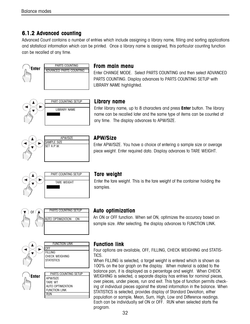 2 advanced counting, Function link, Library name | Apw/size, Tare weight, Auto optimization | Ohaus Voyager Balances User Manual | Page 96 / 329