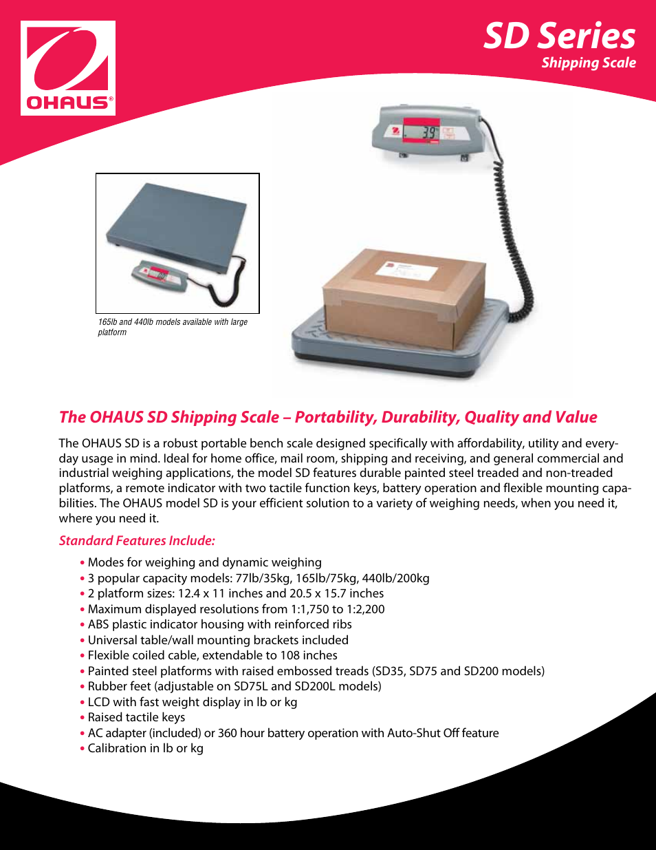 Ohaus SD COMPACT BENCH SCALES Data Sheet User Manual | 2 pages