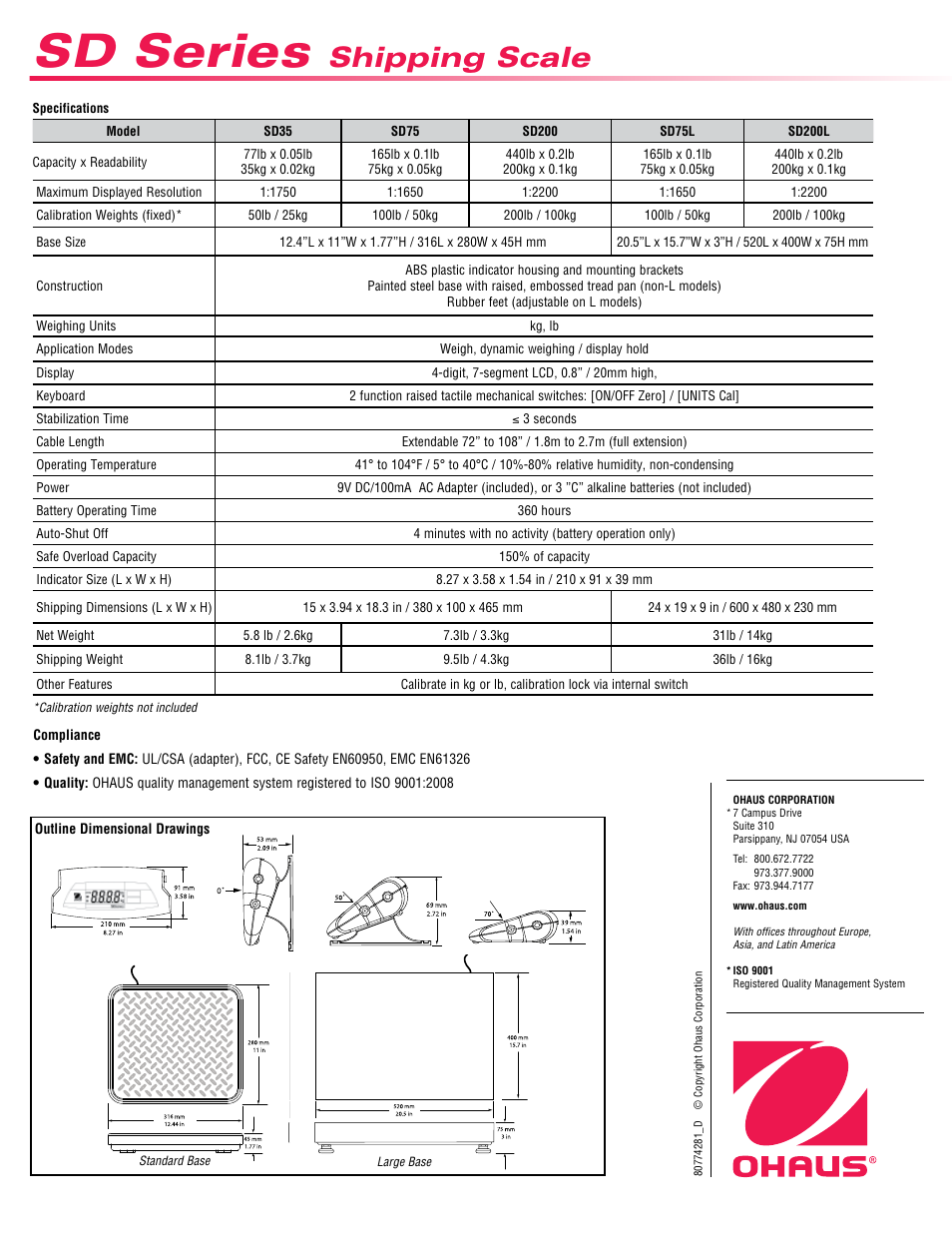 Sd series, Shipping scale | Ohaus SD COMPACT BENCH SCALES Data Sheet User Manual | Page 2 / 2