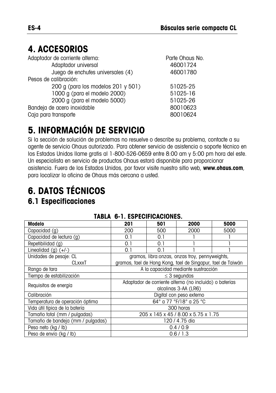 Accesorios, Información de servicio, Datos técnicos | 1 especificaciones | Ohaus CL PORTABLE BALANCES Manual multi User Manual | Page 11 / 44