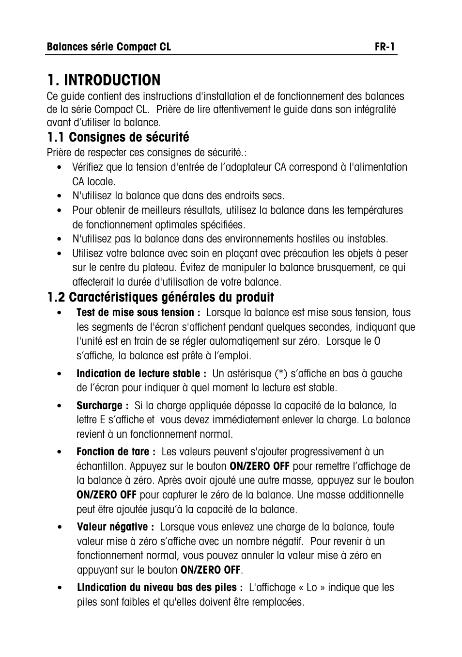 Cl series manual text- fr.doc, Introduction, 1 consignes de sécurité | 2 caractéristiques générales du produit | Ohaus CL PORTABLE BALANCES Manual multi User Manual | Page 14 / 44