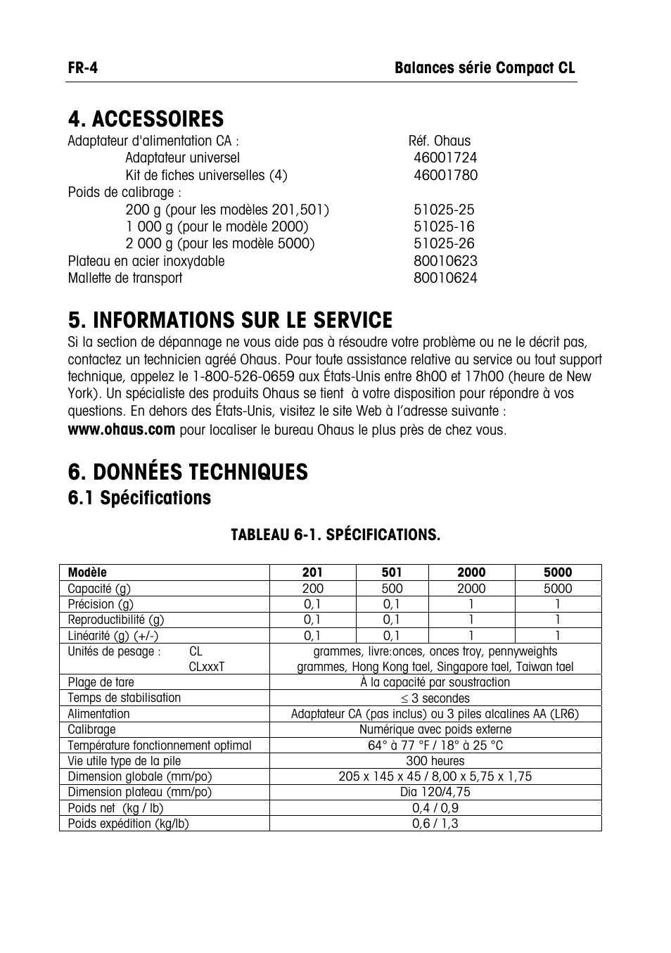 Accessoires, Informations sur le service, Données techniques | 1 spécifications | Ohaus CL PORTABLE BALANCES Manual multi User Manual | Page 17 / 44