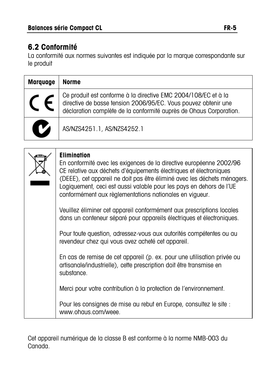 2 conformité | Ohaus CL PORTABLE BALANCES Manual multi User Manual | Page 18 / 44