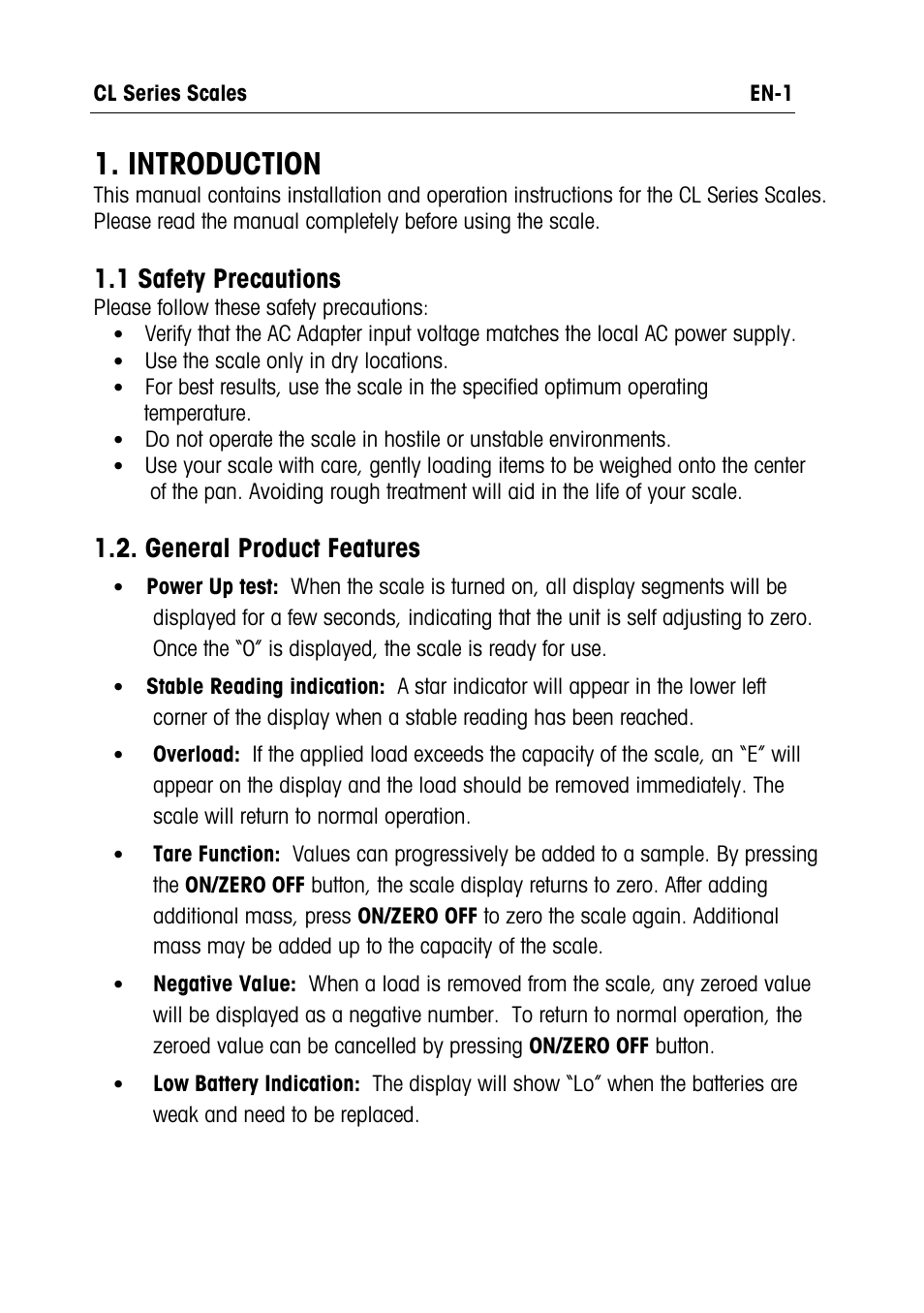 Cl series manual text- en.doc, Introduction, 1 safety precautions | General product features | Ohaus CL PORTABLE BALANCES Manual multi User Manual | Page 2 / 44